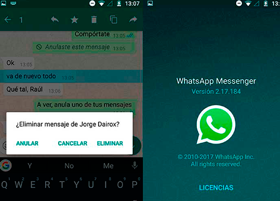 La versión beta de WhatsApp ya deja eliminar nuestros mensajes en el teléfono del destinatario